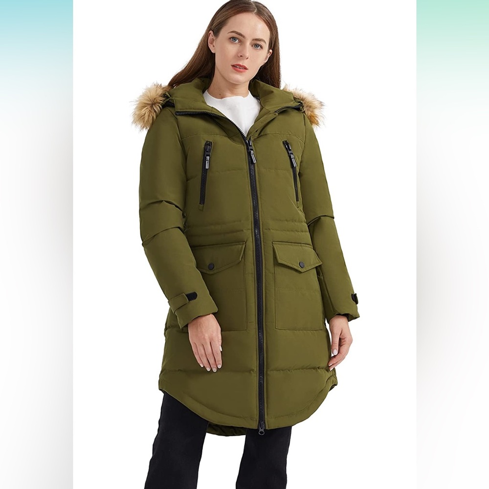 W’s Orolay Long Puffer Down Parka Jacket Army Green Pockets Hood Faux Fur XXL